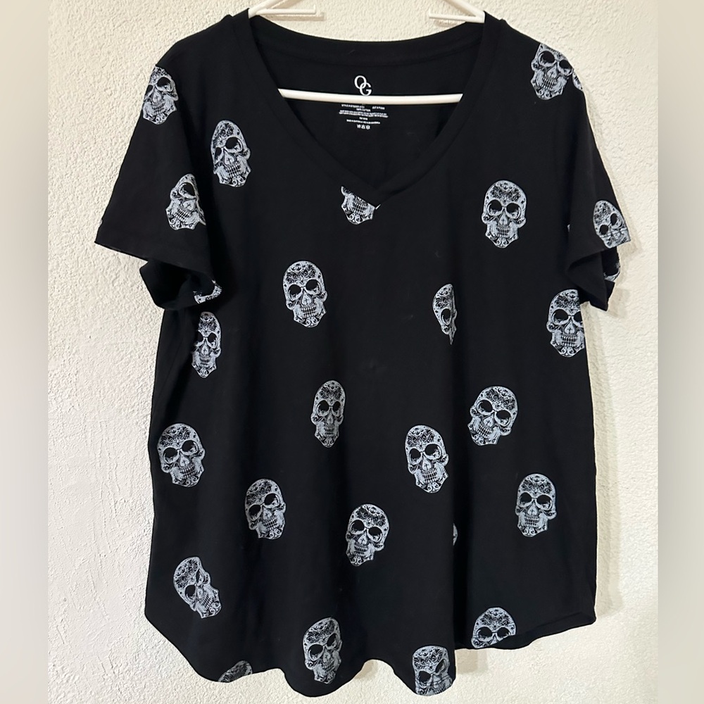Organic Generation T-Shirt Women Black 100% Cotton Skull Print V Neck Size 2X